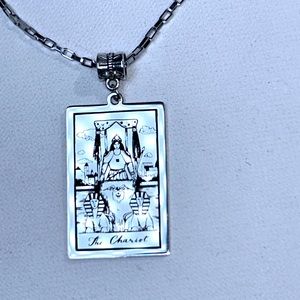 Handmade Unisex “The Chariot“ Tarot Card Pendant On Stainless Steel Box Chain